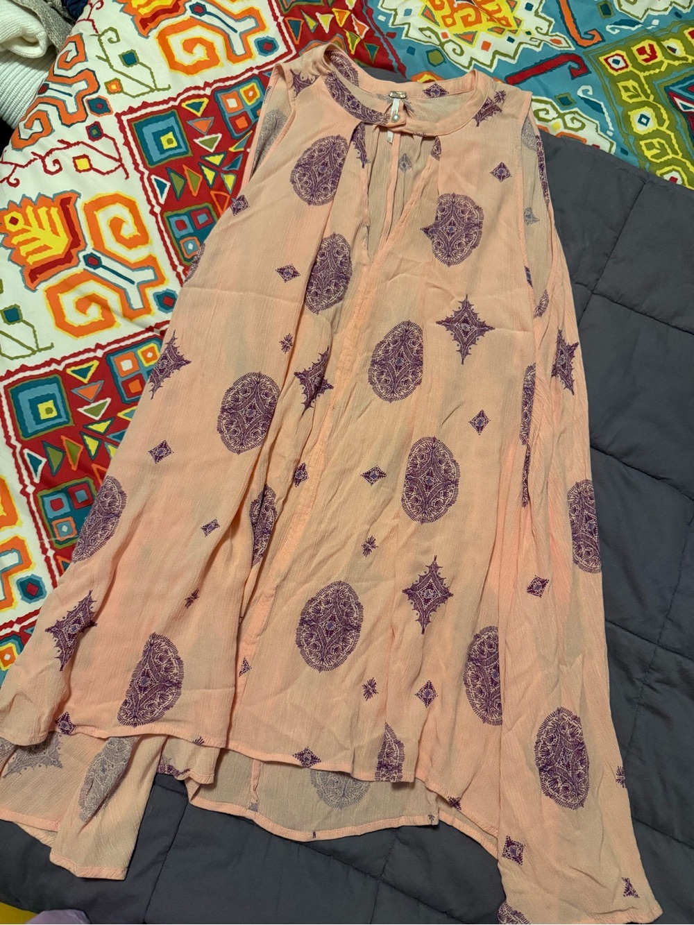 Free People Peach Tunic Tank Top with Purple Medallion Print